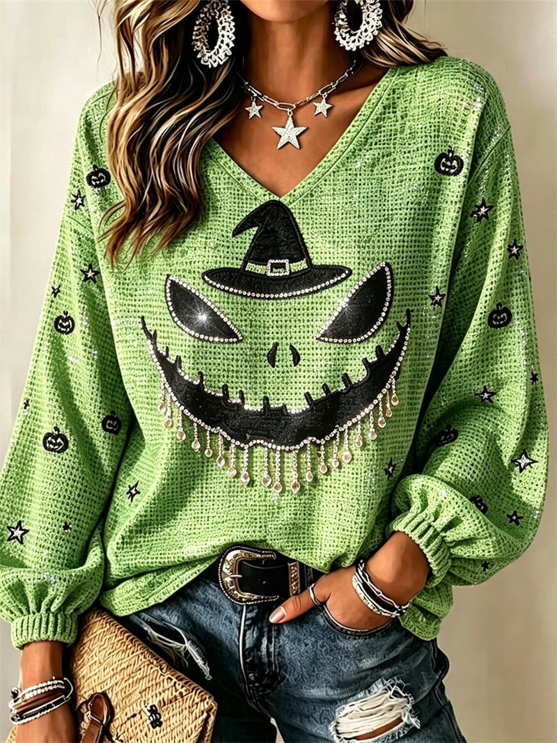 Women's Halloween Green Pumpkin Face Print V Neck Short Sleeve Top