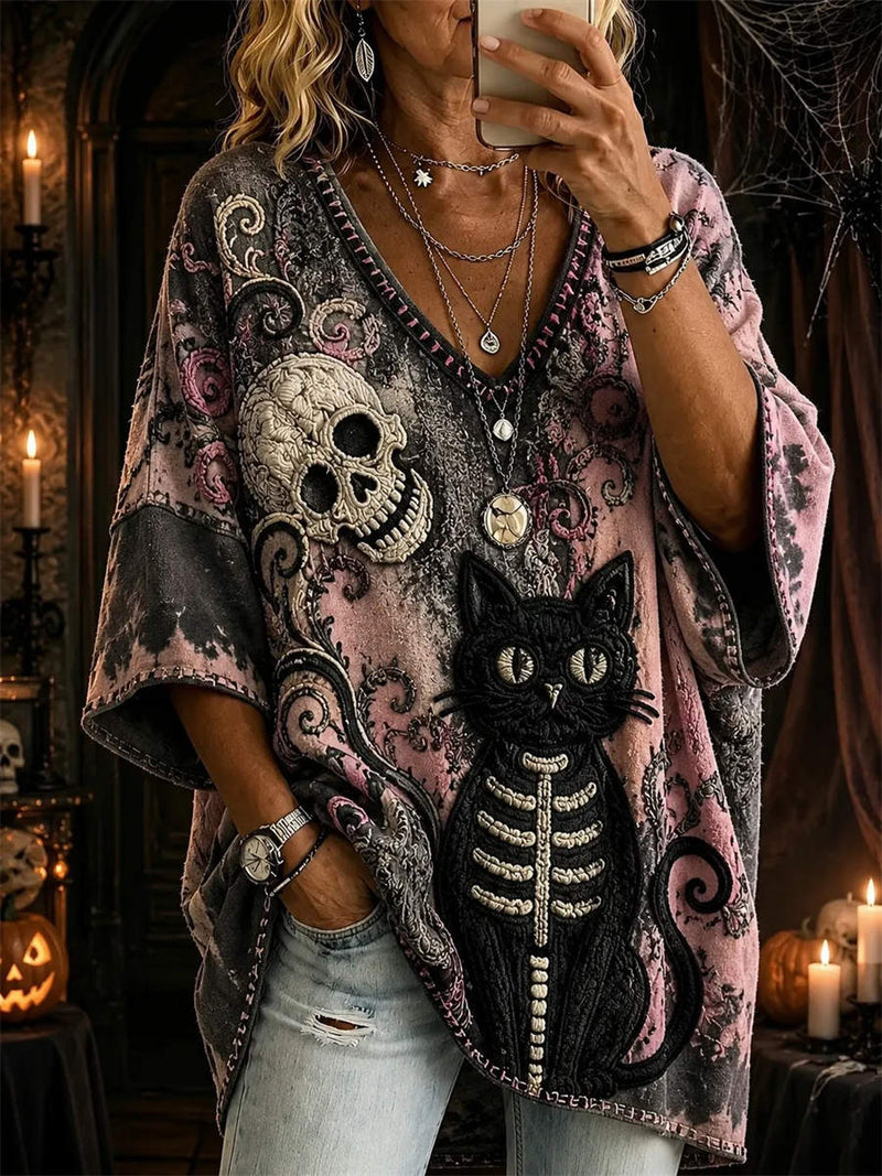 Women's Halloween Multi Skull Cat Print V Neck Three Quarter Sleeve Top