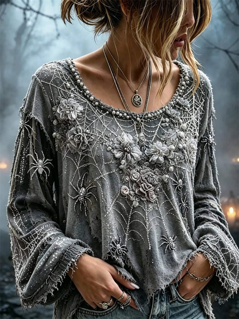 Women's Halloween Grey Spider Web Floral Print Round Neck Long Sleeve Top