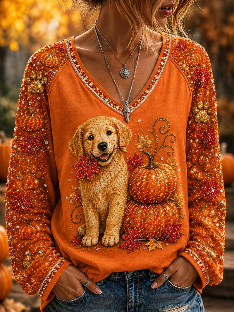 Women's Halloween Orange Dog Pumpkin Print V Neck Long Sleeve Top