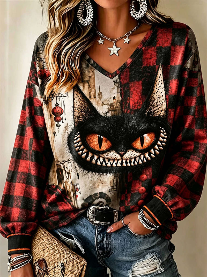 Women's Halloween Multi Cheshire Cat Plaid Print V Neck Long Sleeve Top