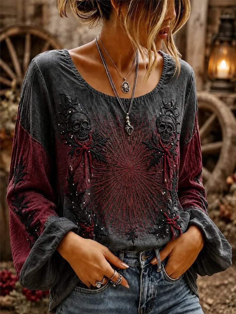 Women's Halloween Multi Skull Floral Round Neck Long Sleeve Top