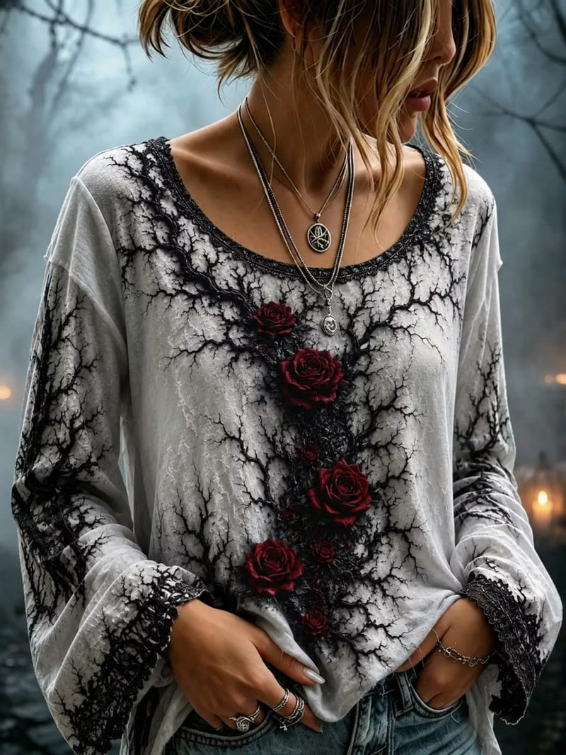 Women's Halloween White Black Branch Red Rose Print Round Neck Long Sleeve Top