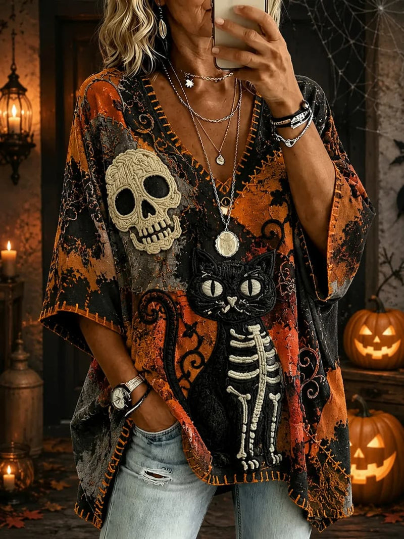 Women's Halloween Multi Skull Black Cat V Neck Half Sleeve Top