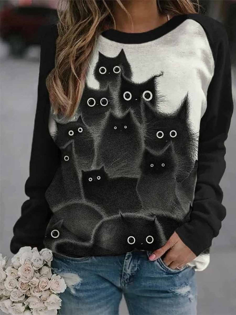 Women's Halloween Black White Cat Print Round Neck Raglan Long Sleeve Top
