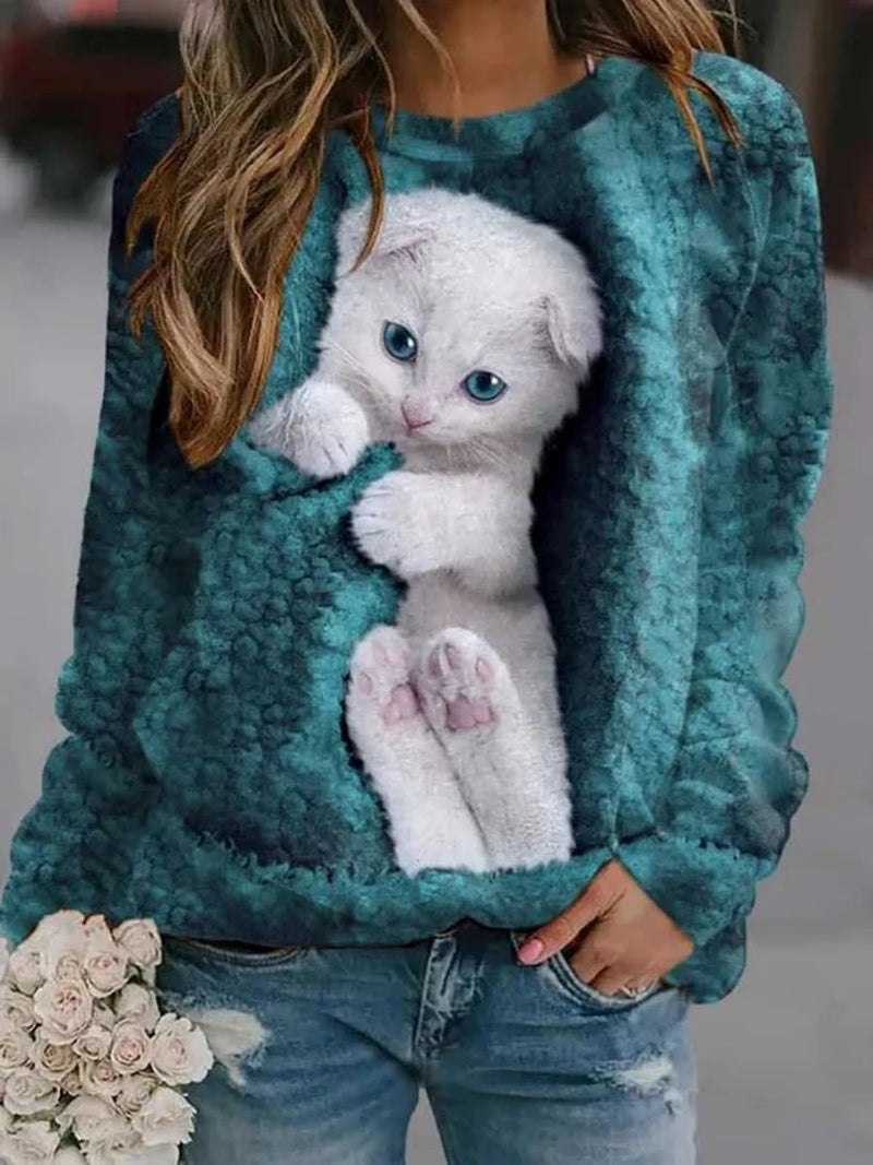 Women's Teal White Kitten Print Round Neck Long Sleeve Top