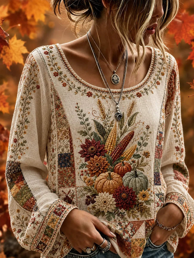 Women's Thanksgiving Beige Floral Pumpkin Corn Print Round Neck Long Sleeve Top