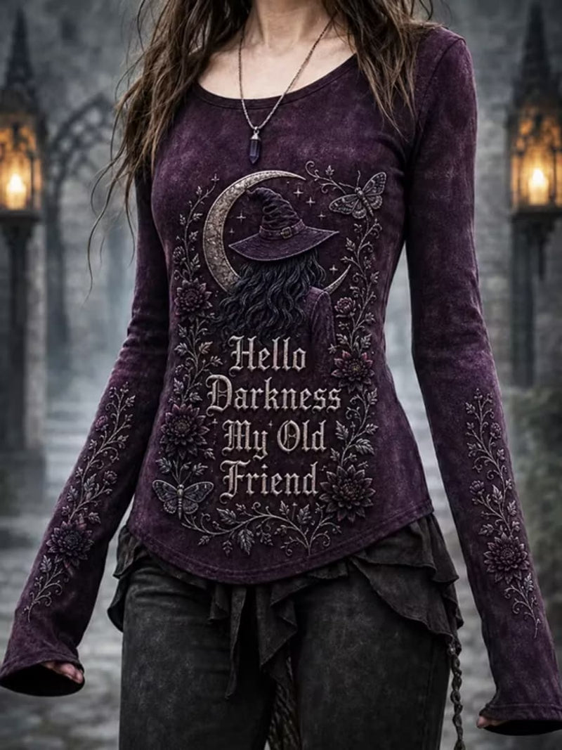Women's Halloween Purple Witch Moon Floral Print Round Neck Long Sleeve Top