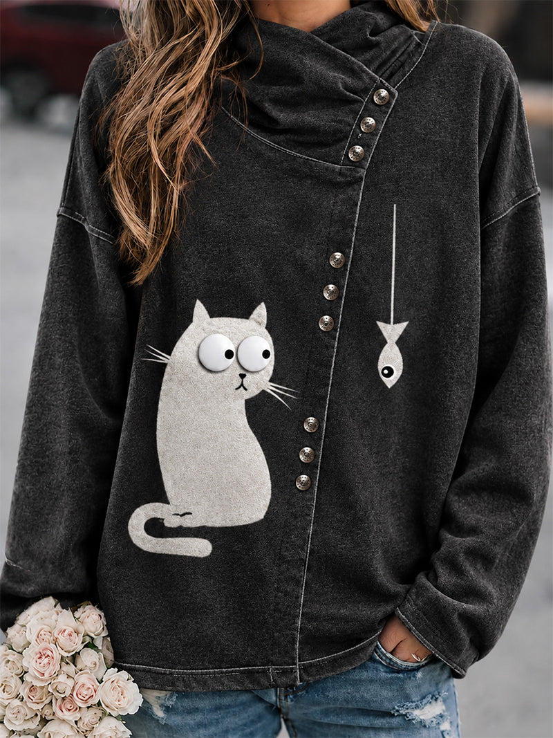 Women's Dark Grey Cat High Neck Top