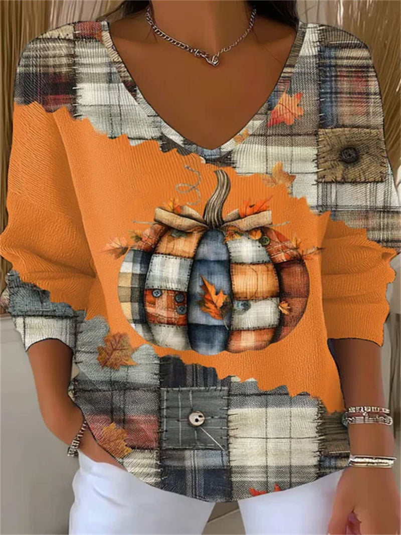 Women's Halloween Multi Plaid Pumpkin V Neck Long Sleeve Top