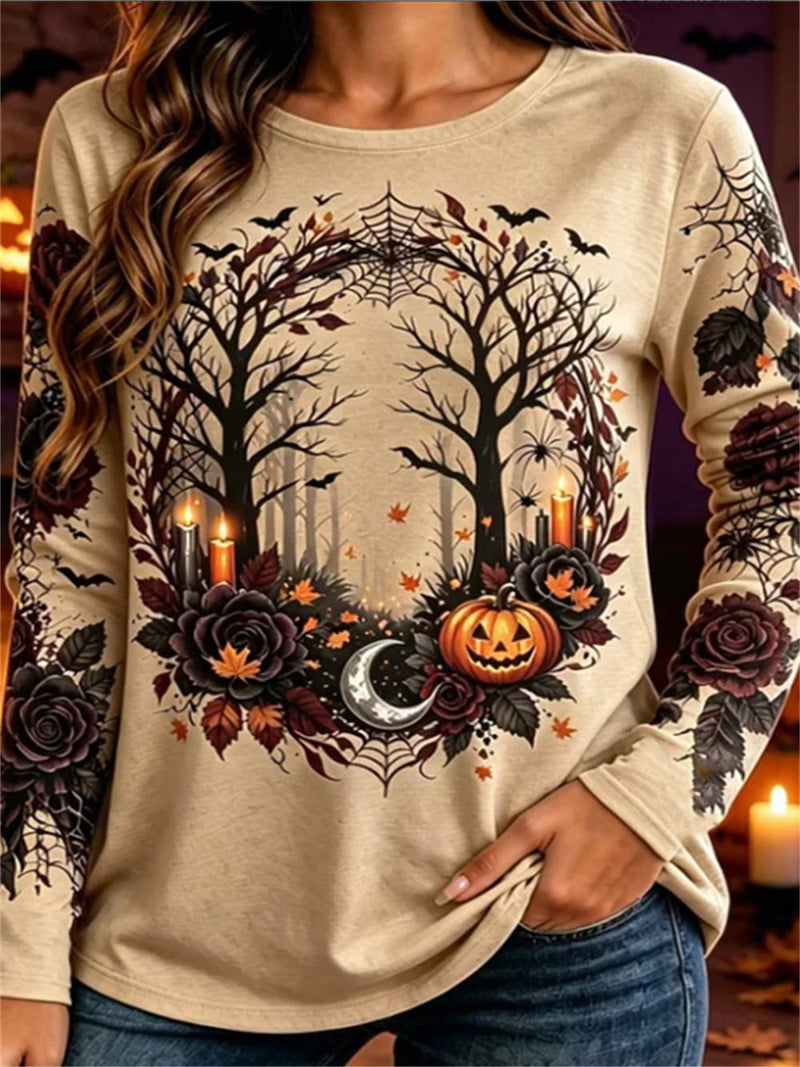 Women's Halloween Beige Tree Pumpkin Bat Rose Round Neck Long Sleeve Top
