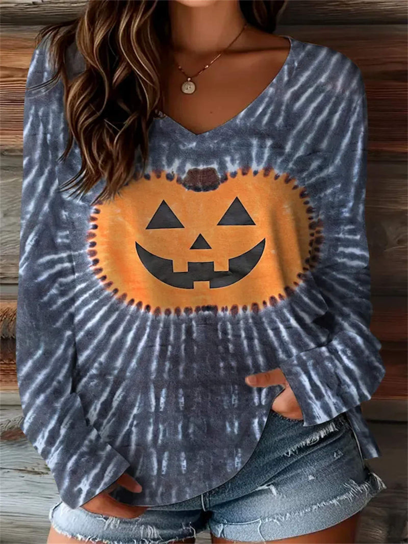 Women's Halloween Blue Grey Tie Dye Pumpkin Face V Neck Long Sleeve Top
