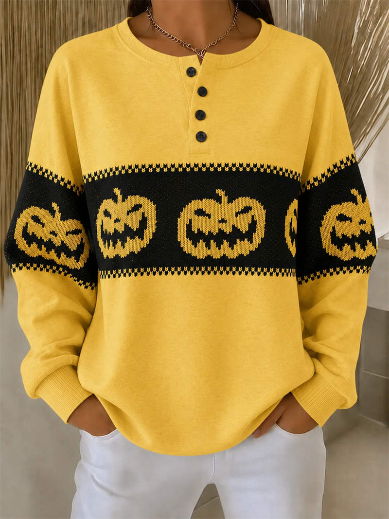 Women's Halloween Yellow Pumpkin Print Crew Neck Long Sleeve Top
