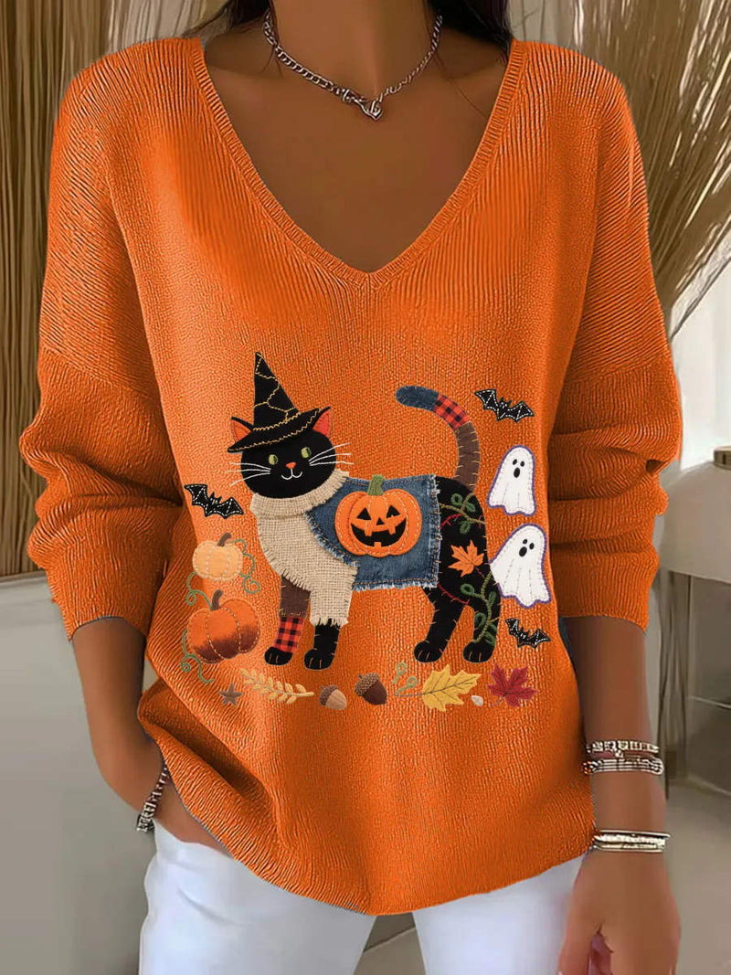Women's Halloween Orange Black Cat Pumpkin Print V Neck Long Sleeve Top