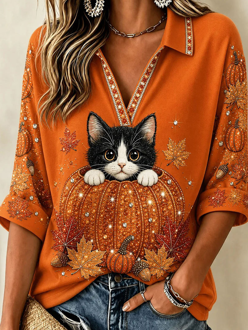 Women's Halloween Orange Cat Pumpkin Print Collared 3/4 Sleeve Top
