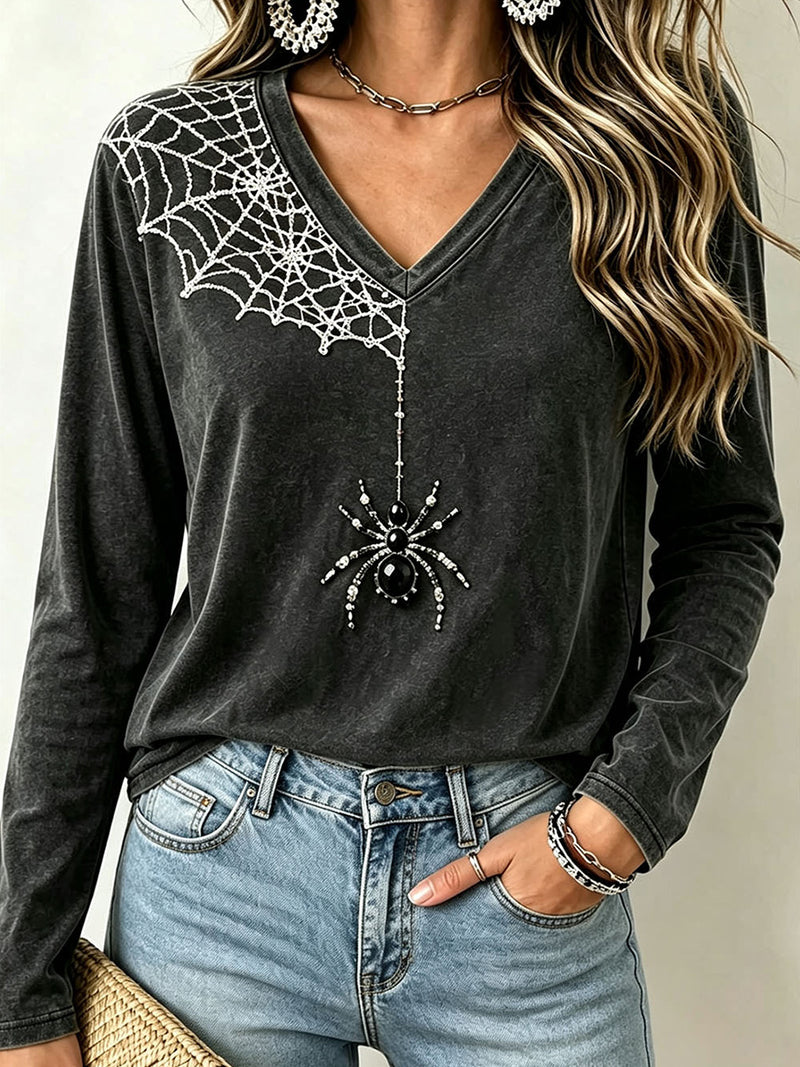 Women's Halloween Black Spider Web Print V Neck Long Sleeve Top