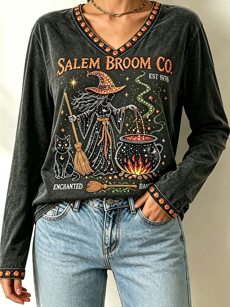 Women's Halloween Black Witch Print V Neck Long Sleeve Top