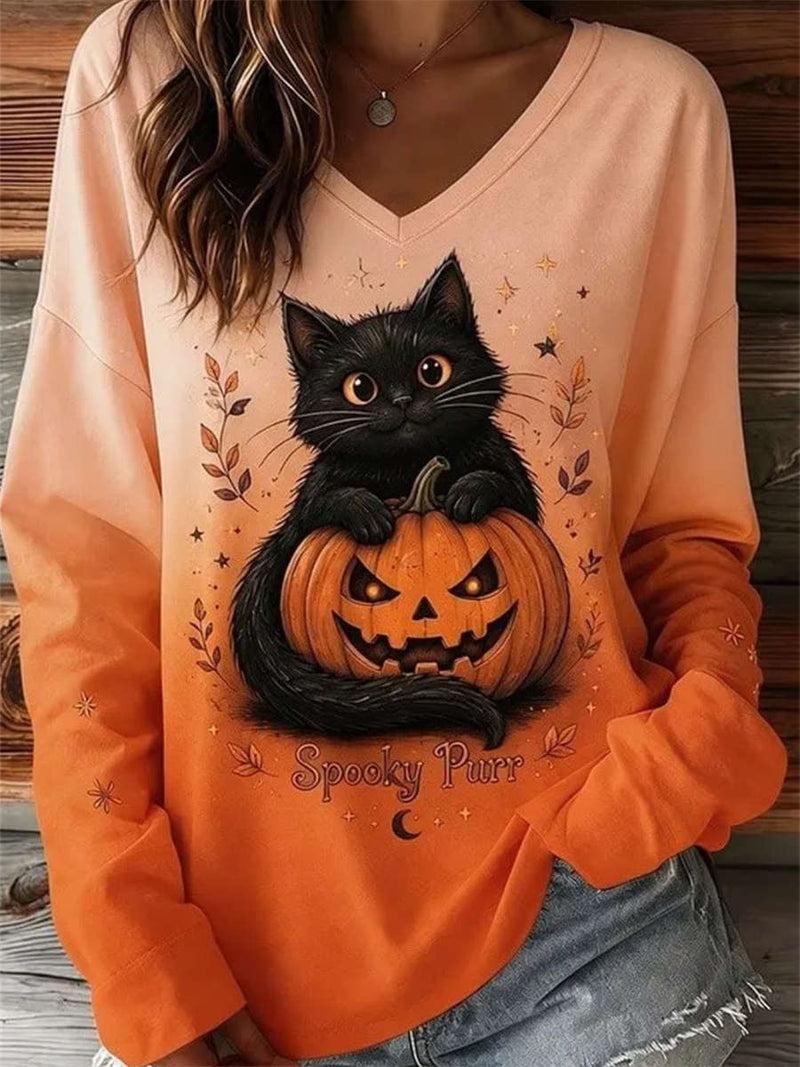 Women's Halloween Orange Cat Pumpkin Print V Neck Long Sleeve Top