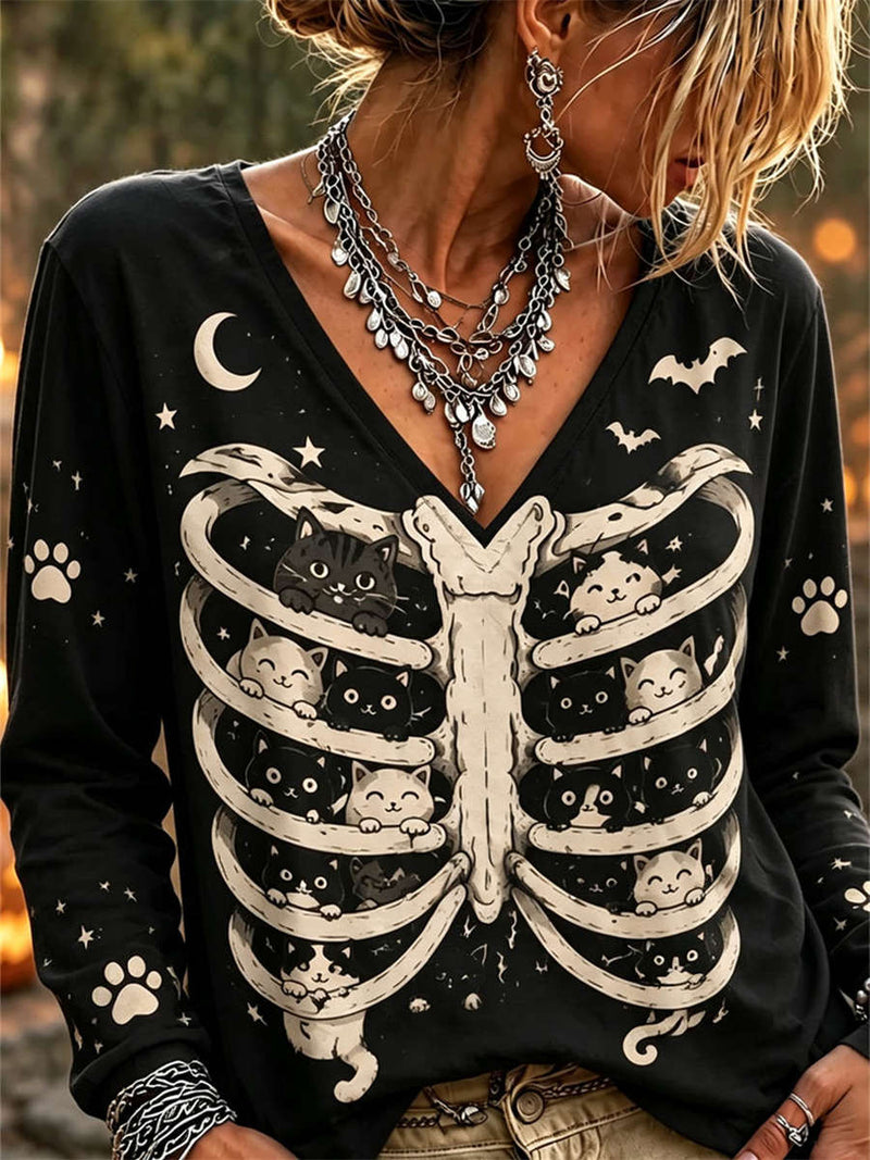 Women's Halloween Black Cat Skeleton Print V Neck Long Sleeve Top