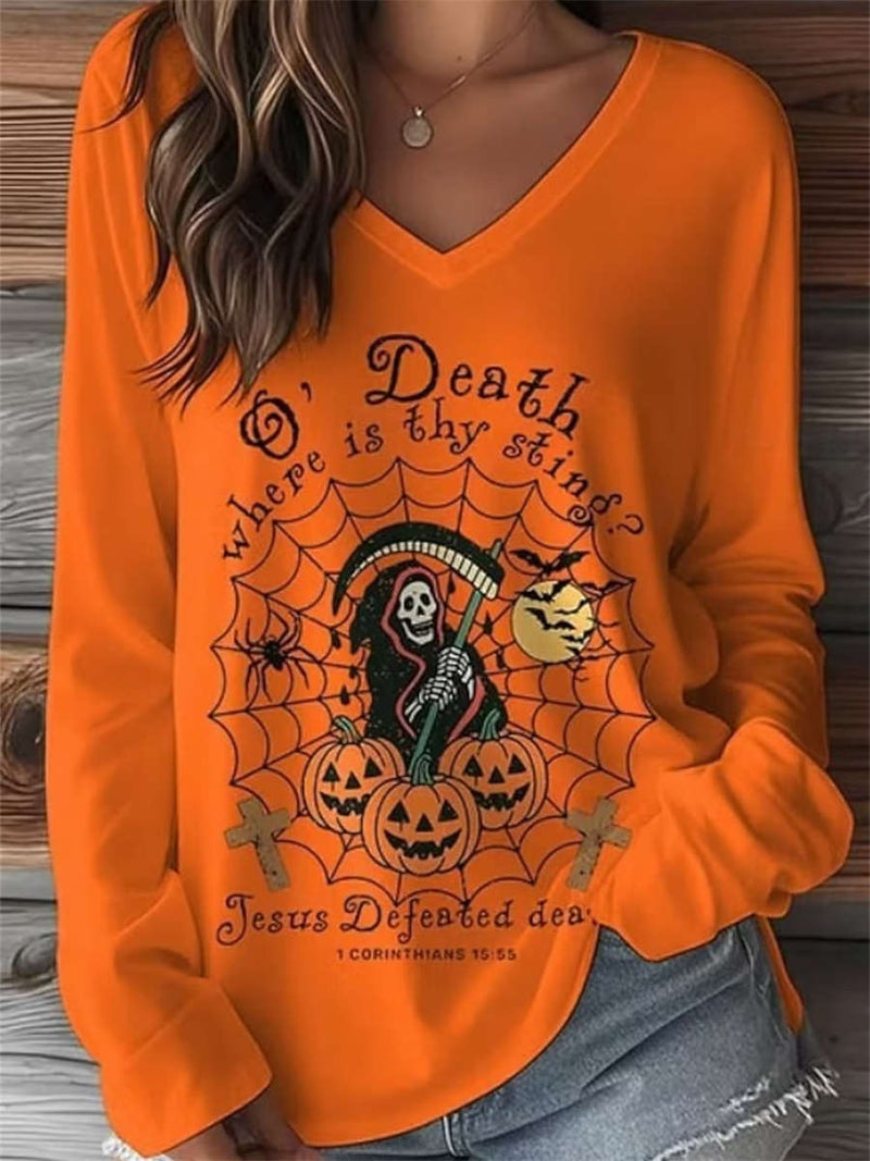 Women's Halloween Orange Religious Print V Neck Long Sleeve Top
