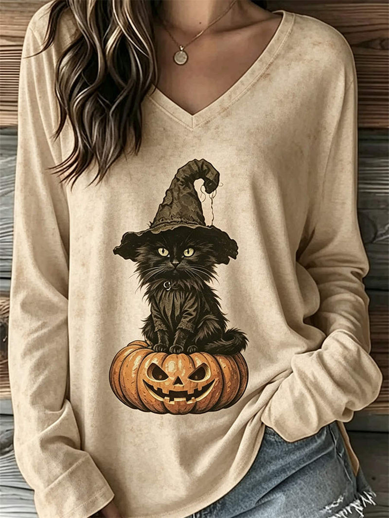 Women's Halloween Beige Witch Cat Pumpkin Print V Neck Long Sleeve Top