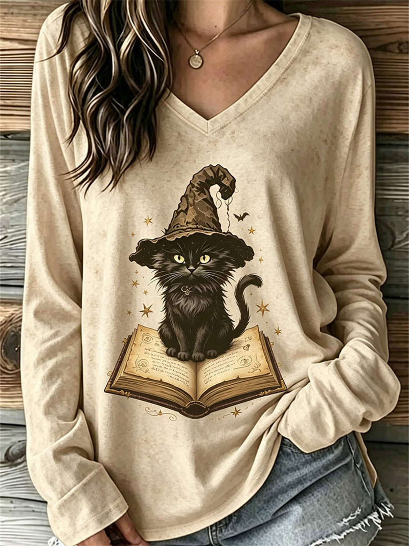 Women's Halloween Beige Witch Cat Spellbook Print V Neck Long Sleeve Top