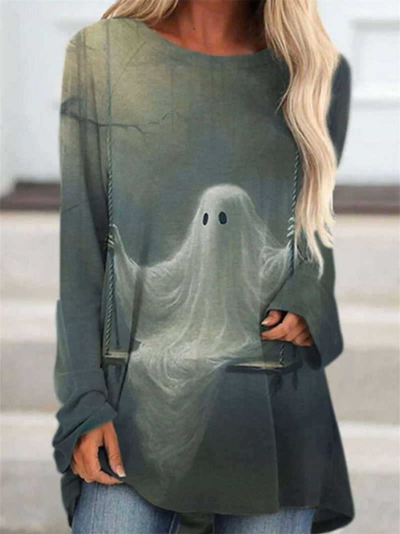 Women's Halloween Grey Ghost Swing Print Round Neck Long Sleeve Top