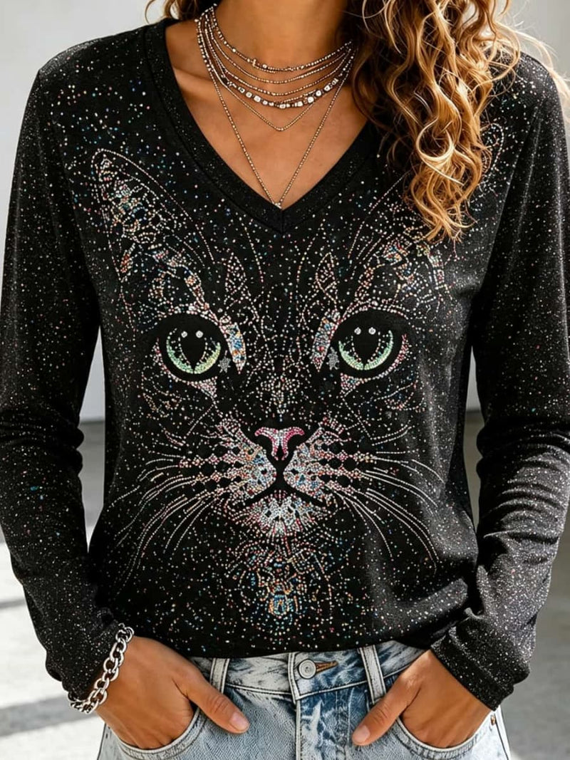 Women's Black Cat Print V Neck Long Sleeve Top