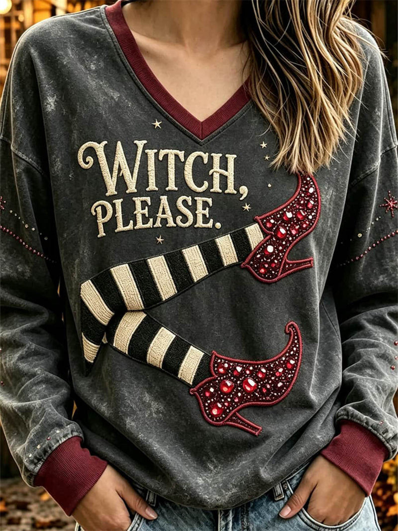 Women's Halloween Grey Witch Please Print V Neck Long Sleeve Sweatshirt
