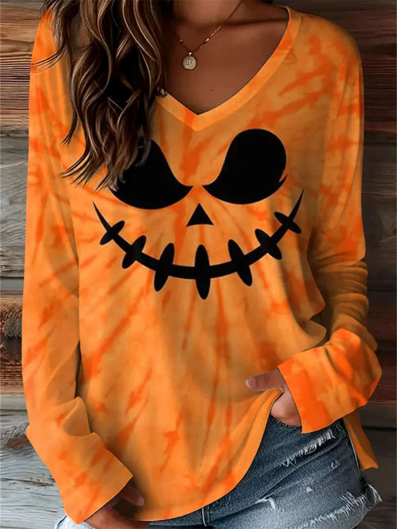 Women's Halloween Orange Pumpkin Face V Neck Long Sleeve Top