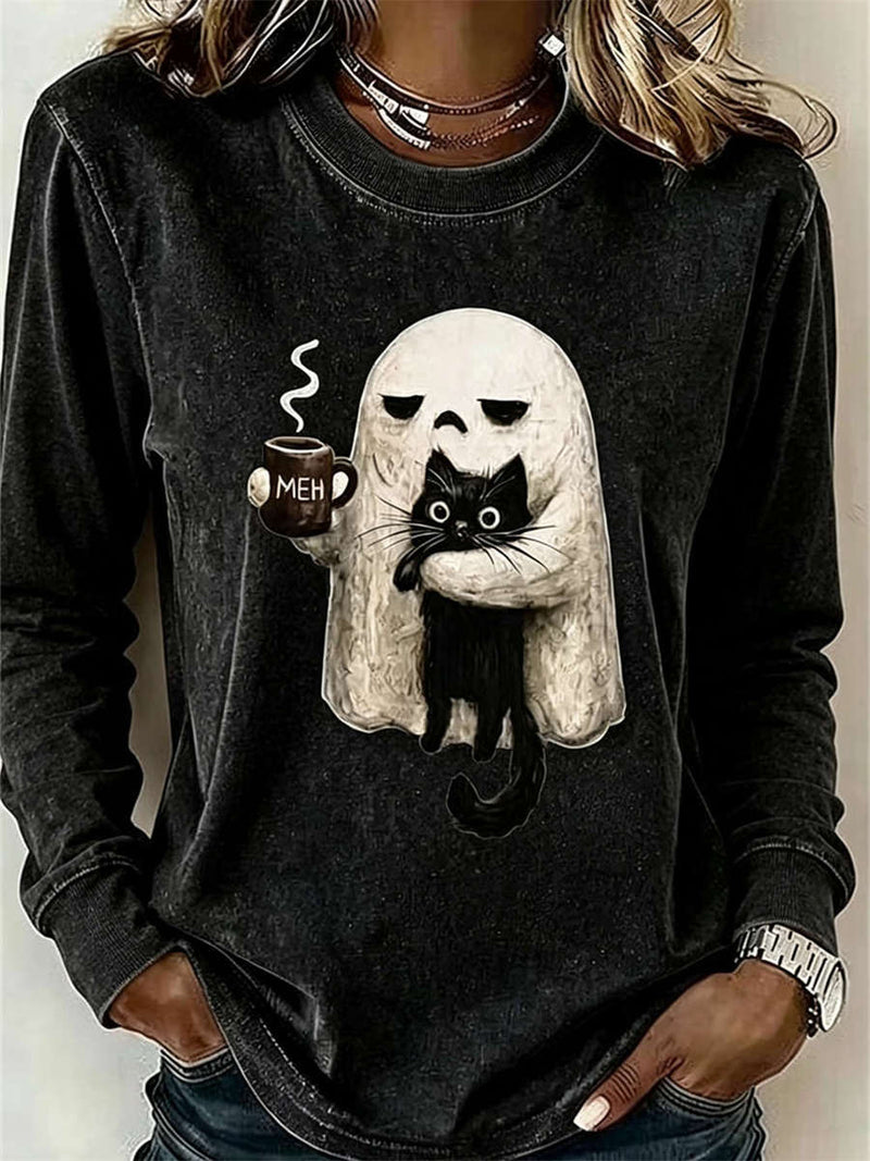 Women's Halloween Black Ghost Cat Print Round Neck Long Sleeve Top
