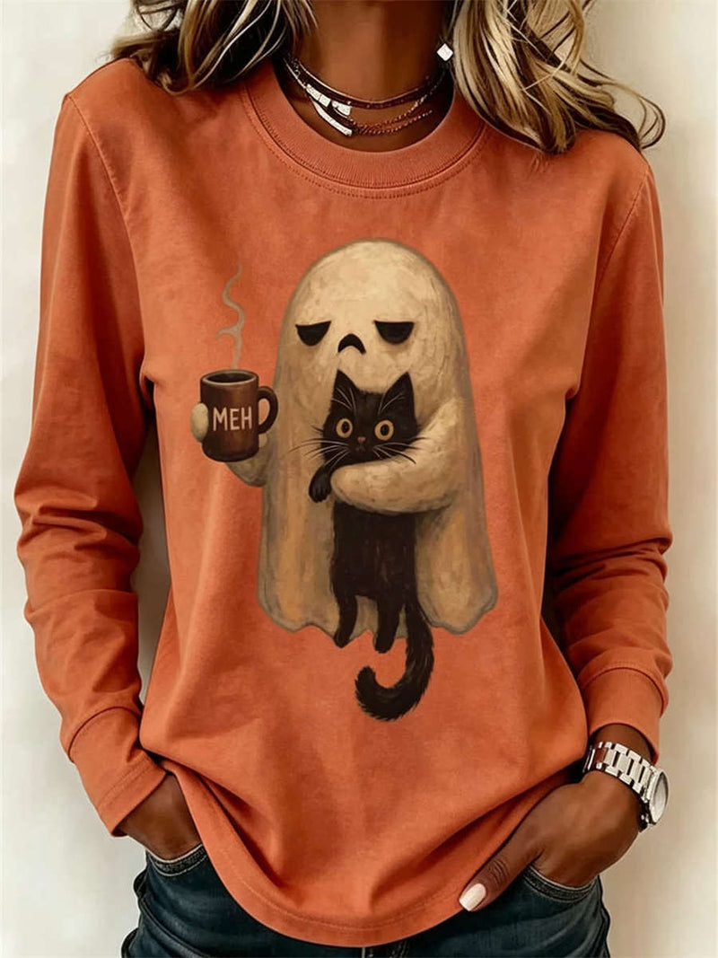 Women's Halloween Orange Ghost Cat Print Round Neck Long Sleeve Top