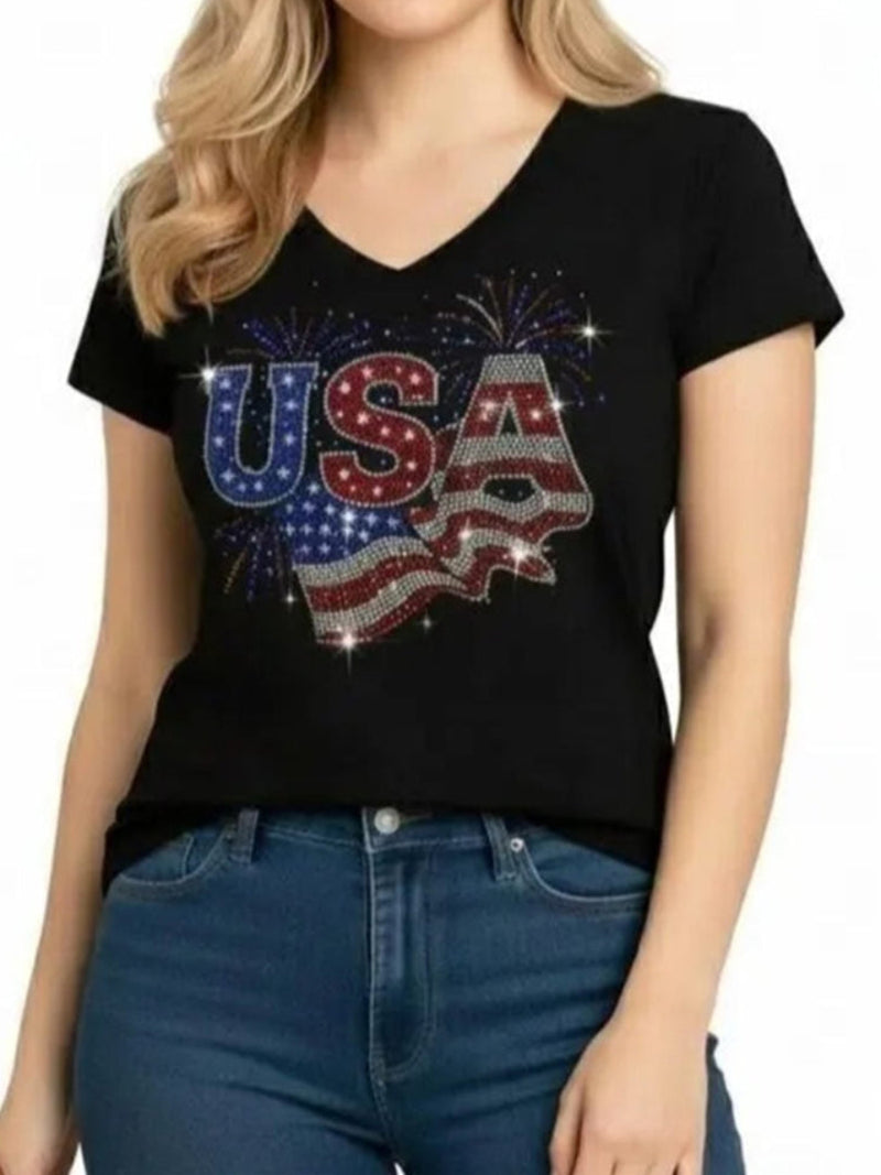 America 250th Anniversary Black USA Rhinestone Print V Neck Short Sleeve Tee