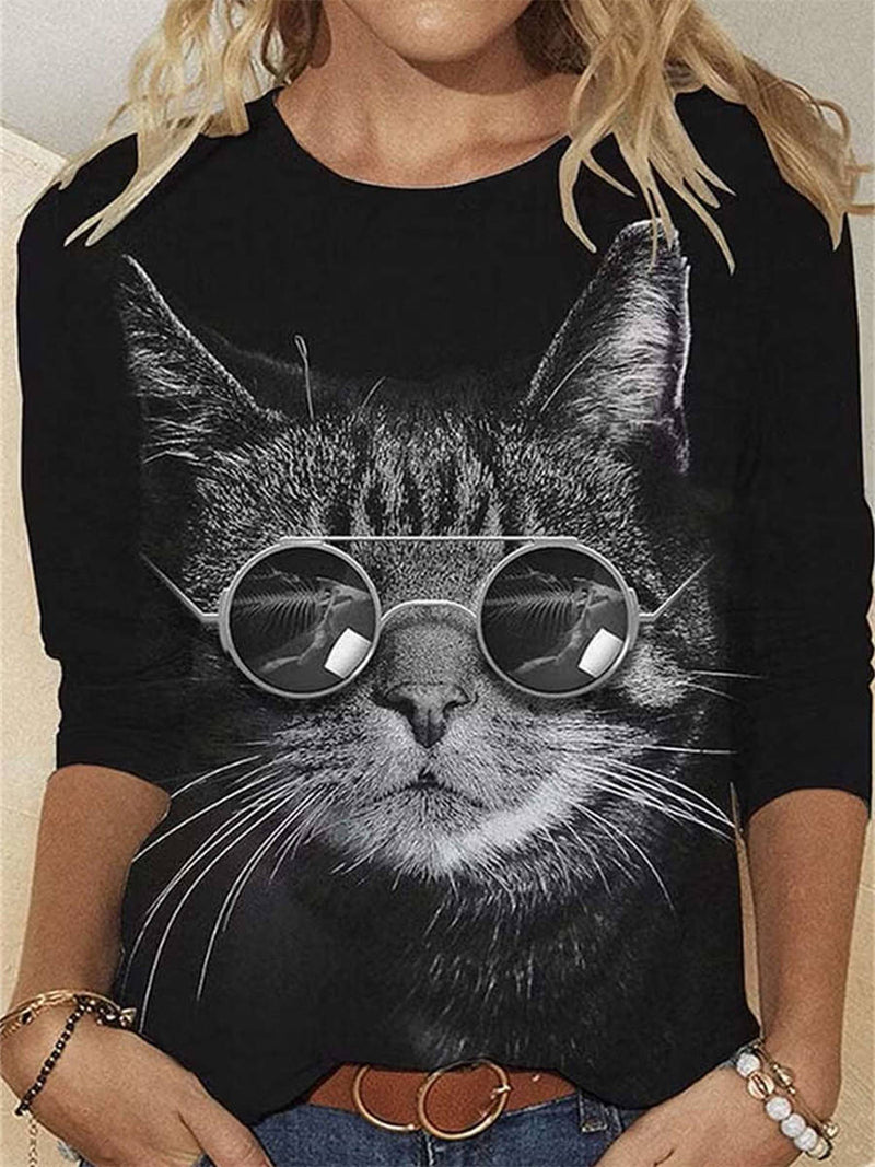 Women's Black Cat Print Round Neck Long Sleeve Tee