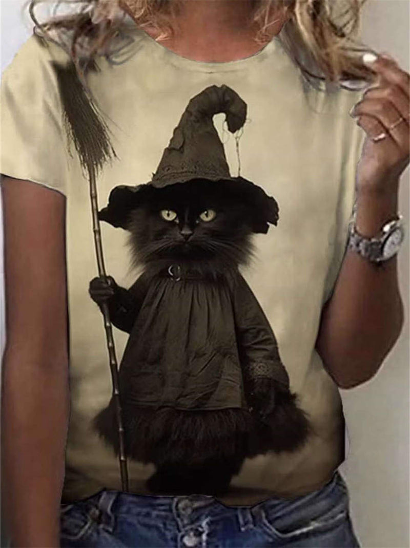 Women's Halloween Beige Cat Print Round Neck Short Sleeve Tee