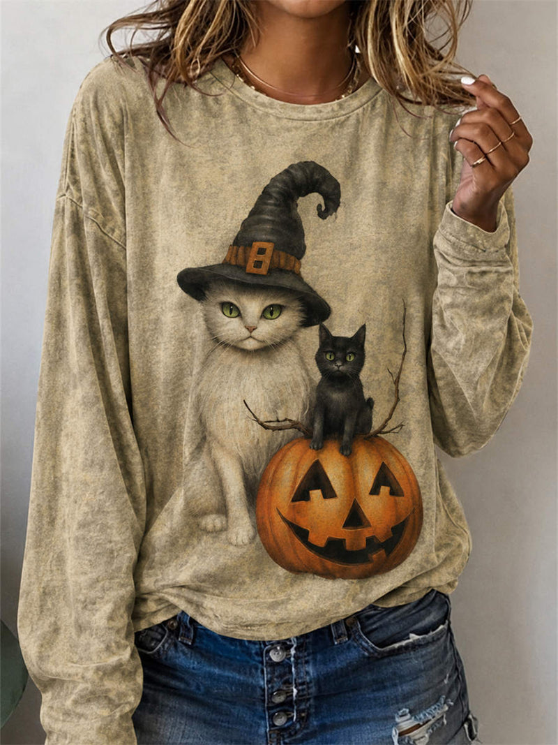 Women's Halloween Khaki Cat Pumpkin Print Round Neck Long Sleeve Tee