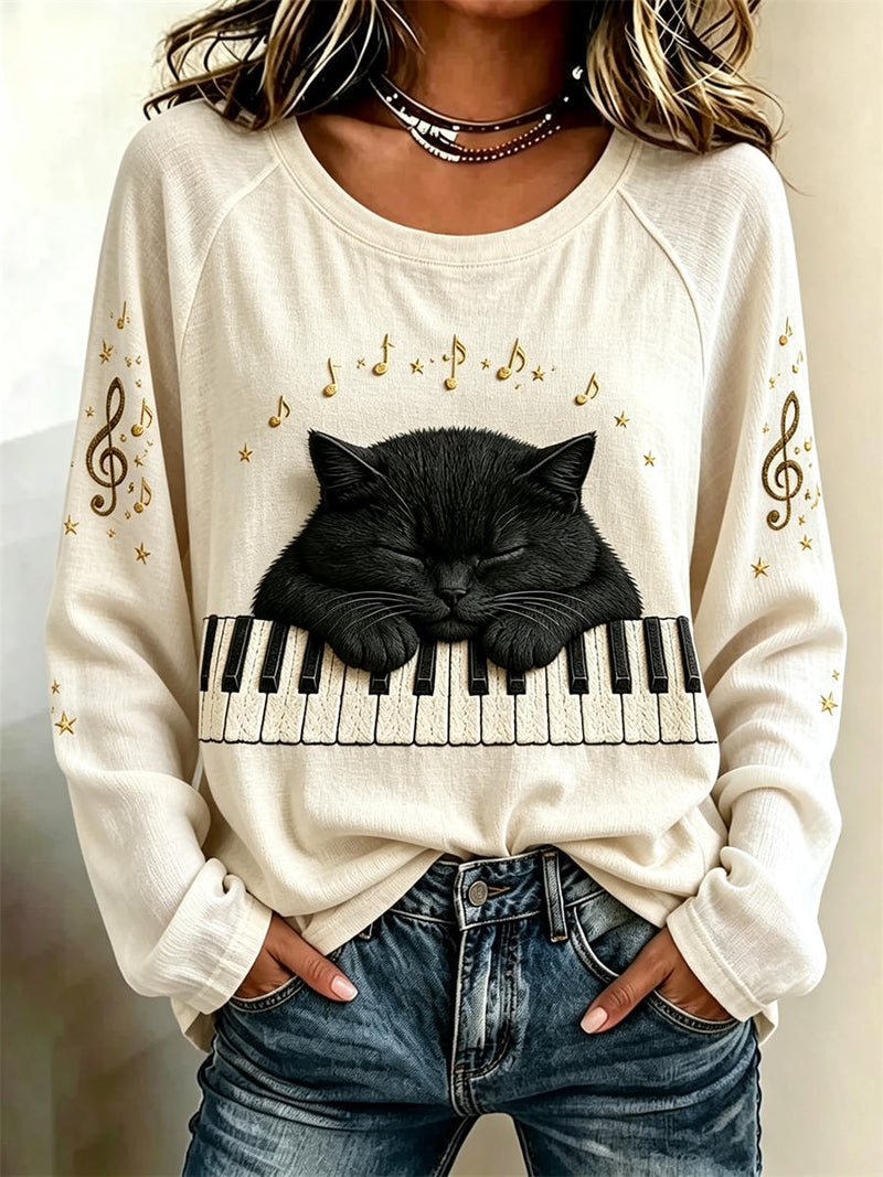 Women's Cream Cat Piano Music Note Print Round Neck Long Sleeve Tee