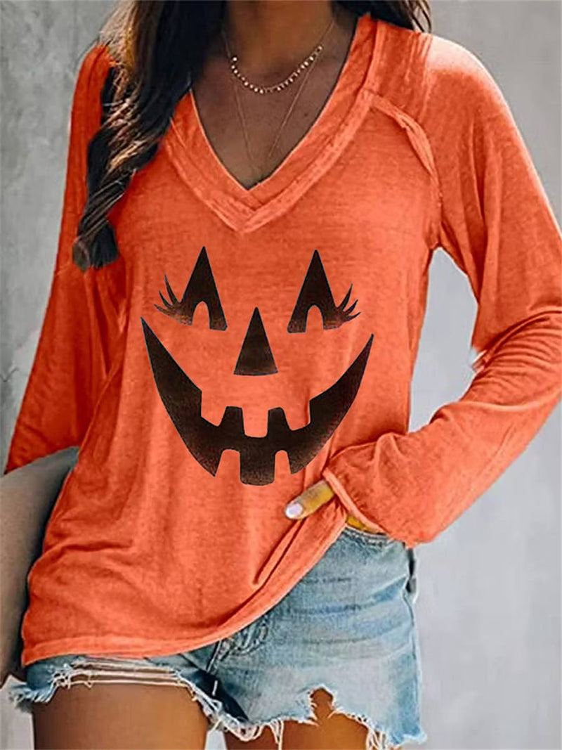 Women's Halloween Orange Pumpkin Face Print V Neck Long Sleeve Tee