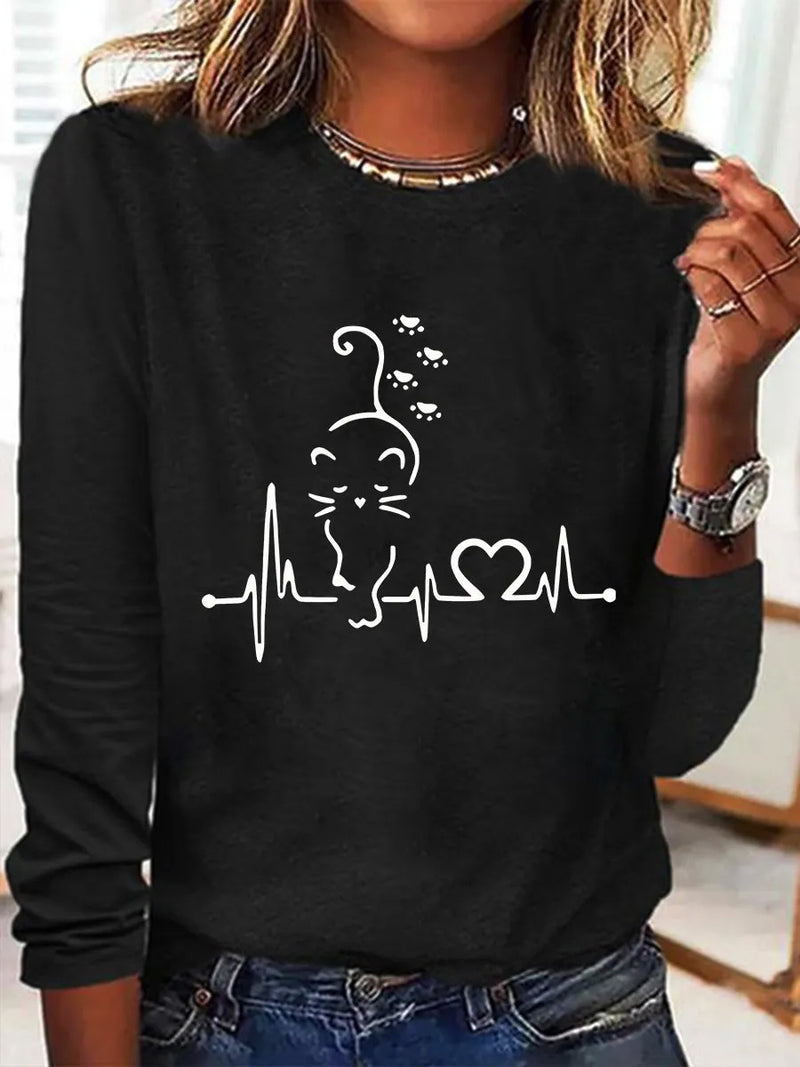 Women's Black Cat Heartbeat Print Round Neck Long Sleeve Tee