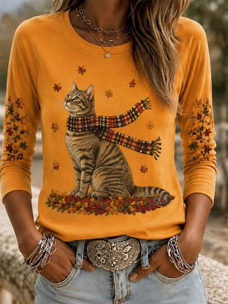 Women's Yellow Cat Scarf Maple Leaf Print Round Neck Long Sleeve Tee