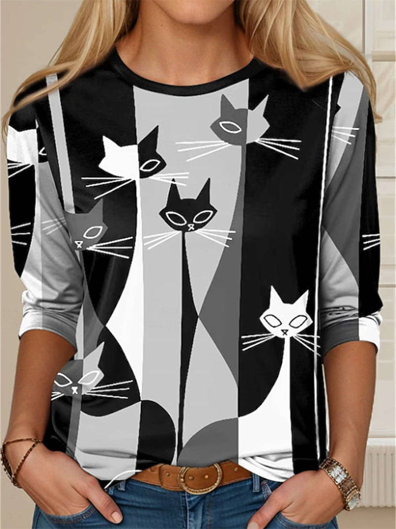 Women's Black Ombre Cat Print Round Neck Long Sleeve Tee