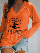 Women's Halloween Orange Witch Letter Print V Neck Blouse