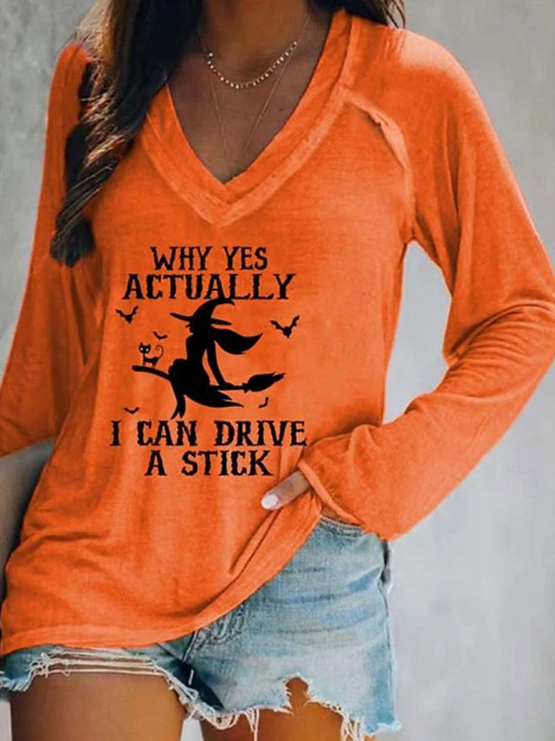 Women's Halloween Orange Witch Letter Print V Neck Blouse