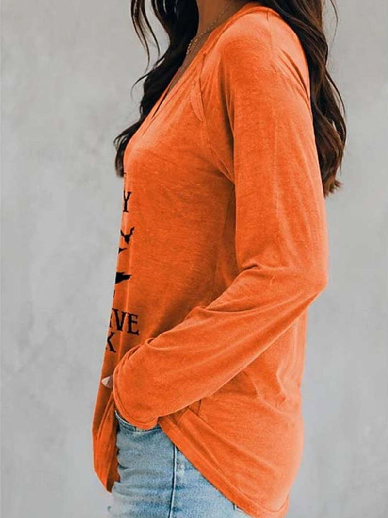 Women's Halloween Orange Witch Letter Print V Neck Blouse