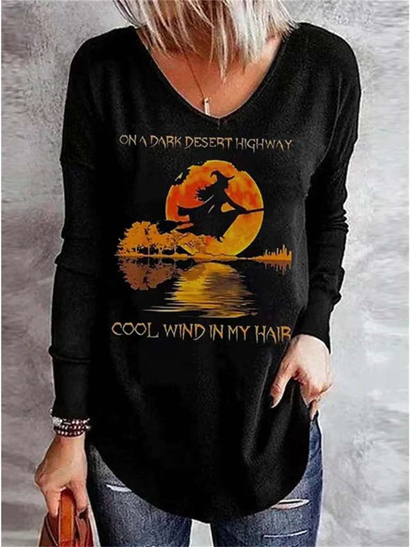 Women's Halloween Black Witch Letter Print V Neck Blouse