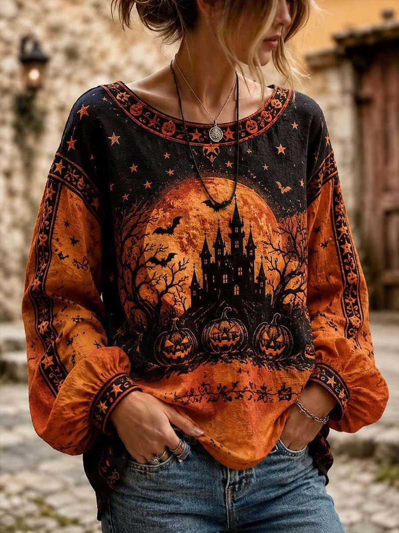Women's Halloween Multi Halloween Castle Pumpkin Print Round Neck Blouse