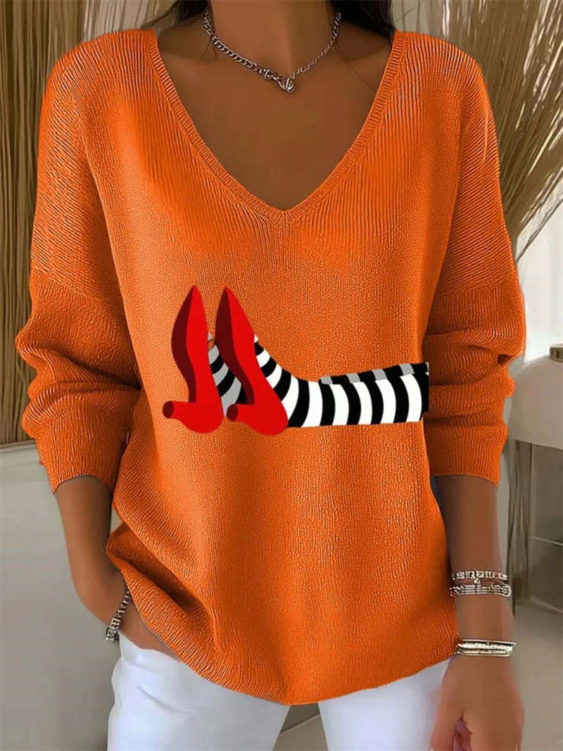 Women's Halloween Orange Witch Shoe Print V Neck Blouse