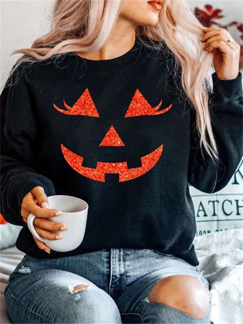 Women's Halloween Black Pumpkin Face Print Round Neck Long Sleeve Top