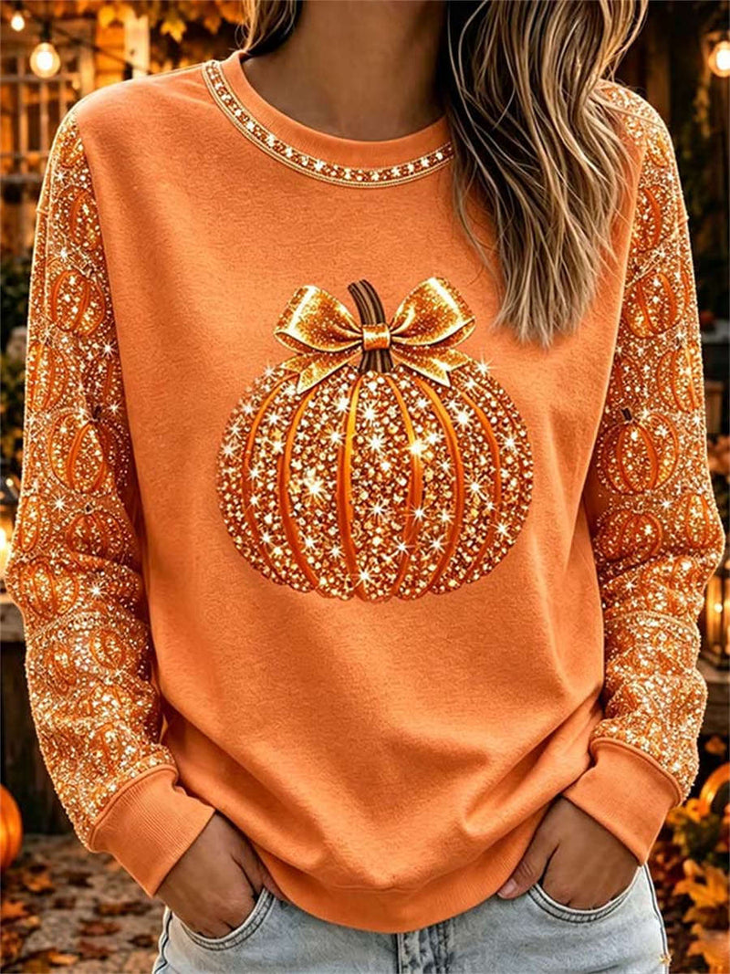 Women's Halloween Orange Pumpkin Print Round Neck Long Sleeve Top