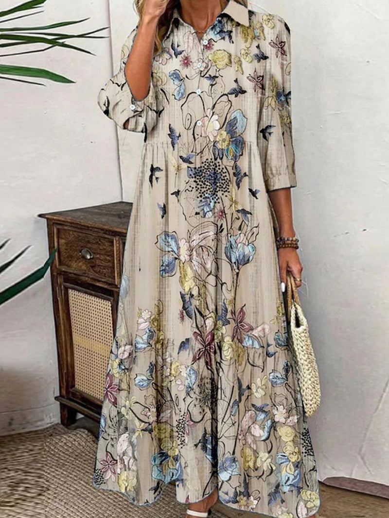 Vintage Apricot 3/4 Sleeve Maxi Dress